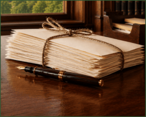 Image showing official letters and a fountain pen on a desk, symbolising the Rural Services Network's work in submitting evidence and writing to Ministers to advocate for rural communities.