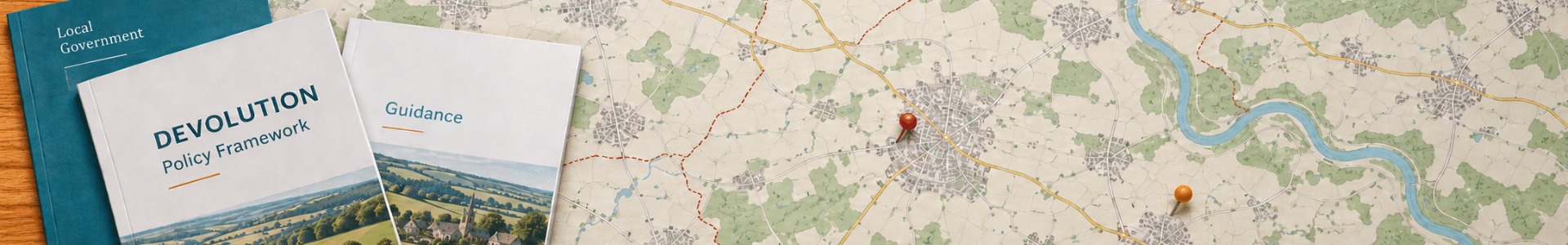 Printed map with red and orange pins and dashed boundary lines, alongside publications titled Devolution Policy Framework, Guidance and Local Government.